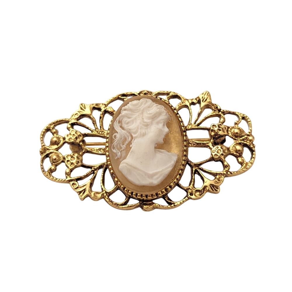 Vintage Gold Tone Filigree Victorian Style Pink Cameo Oblong Brooch